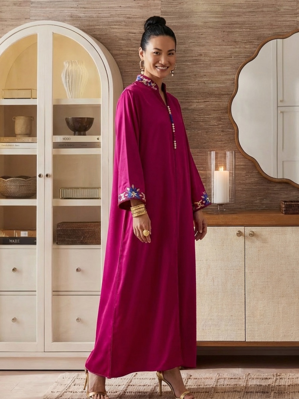 Magenta Embroidered Long Sleep Caftan